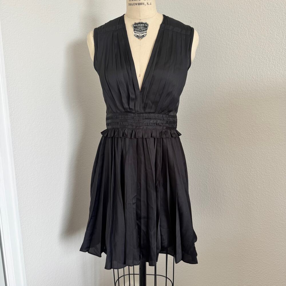 The Kooples | NWT Black Satin Pleated Detail Fit & Flare Mini Dress Size Small
